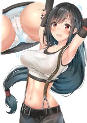 Rule 34 | 1girl, :d, arm warmers, armpits, arms up, bare shoulders, belt, black hair, black skirt, breasts, cameltoe, collarbone, commentary request, crop top, covered erect nipples, final fantasy, final fantasy vii, highres, large breasts, long hair, looking at viewer, midriff, miniskirt, motion lines, mtu virus, multiple views, navel, open mouth, panties, pencil skirt, red eyes, shirt, skirt, sleeveless, sleeveless shirt, smile, stomach, stretching, sunsun2812, suspenders, tifa lockhart, underwear, upper body, very long hair, white panties, white shirt