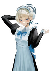 Rule 34 | 1girl, absurdres, apron, arm up, black dress, bllustration, blonde hair, blue archive, blue eyes, blue halo, blue ribbon, blush, braid, bun cover, closed mouth, commentary, cowboy shot, dress, earpiece, french braid, halo, hand up, highres, juliet sleeves, long sleeves, looking at viewer, maid, maid apron, maid headdress, puffy sleeves, ribbon, short hair, simple background, solo, standing, toki (blue archive), white apron, white background