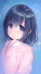Rule 34 | 1girl, bare shoulders, black hair, blush, brown eyes, commentary request, crying, crying with eyes open, hair between eyes, hand up, head tilt, highres, long sleeves, looking at viewer, looking to the side, off shoulder, original, parted lips, pink sweater, shirt, sketch, solo, sweater, tears, upper body, usashiro mani, white shirt