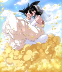 Rule 34 | absurdres, black eyes, black hair, blush, bridal veil, carrying, chi-chi (dragon ball), cloud, cloudy sky, couple, dragon ball, dragon ball (classic), dress, flying nimbus, formal, fungushi, happy, highres, hugging each other, husband and wife, lipstick, makeup, princess carry, sky, smile, son goku, suit, tagme, veil, wedding dress, white suit