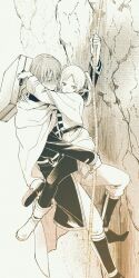 Rule 34 | belt, blush, boots, cape, cliff, climbing, couple, elf, frieren, himmel (sousou no frieren), holding, knee boots, leg lock, legs around partner&#039;s hips, looking down, pointy ears, rope, sousou no frieren, thighs, twintails