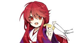 Rule 34 | 1girl, bow, commentary request, happy, highres, holding, holding key, japanese clothes, key, keyring, kimono, kotohime (touhou), long hair, long sleeves, looking at viewer, obi, open mouth, ponytail, purple kimono, red eyes, red hair, red sash, sash, sea scorpion (umisasori), sidelocks, simple background, touhou, touhou (pc-98), white background, wide sleeves, yellow bow