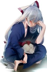 Rule 34 | 1girl, alternate costume, animal, arm up, barefoot, blue kimono, blunt bangs, blush, bow, closed eyes, collarbone, commentary, eyelashes, fujiwara no mokou, hair bow, hair over shoulder, head rest, highres, hime cut, holding, holding animal, indian style, japanese clothes, kimono, long hair, long sleeves, mokoiscat, parted lips, rabbit, red bow, red sash, sash, sidelocks, signature, simple background, sitting, sitting on hair, sleeping, solo, touhou, two-tone bow, very long hair, white background, white bow, white hair