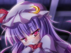 Rule 34 | 1girl, blush, crescent, female focus, hat, long hair, looking at viewer, patchouli knowledge, purple hair, red eyes, sasasa (nashi), solo, touhou