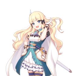 Rule 34 | blonde hair, blue eyes, cloak, dress, elf, gloves, long hair, looking at viewer, official art, pointy ears, princess connect!, saren (princess connect!), sword, tachi-e, thighhighs, transparent background, weapon, white cloak, white gloves