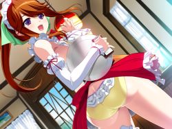 Rule 34 | 1girl, ashtray, ass, berochu!, breasts, butt crack, dutch angle, elbow gloves, floating hair, from behind, game cg, gloves, happy, holding, indoors, large breasts, legs, long hair, looking back, maid, maid headdress, misono chiharu, nakano sora, open mouth, orange hair, panties, ponytail, purple eyes, sideboob, smile, solo, standing, thighs, underwear, yellow panties