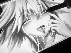 Rule 34 | 1boy, astolfo (fate), cum, cum in mouth, cum on hair, cum on tongue, cumdrip, facial, fate/apocrypha, fate (series), greyscale, housou-kun, male focus, monochrome, photo (medium), portrait, solo, tongue, tongue out, trap, unfinished