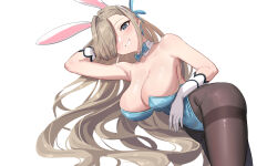 Rule 34 | 1girl, absurdres, animal ears, arm up, armpits, ass, asuna (blue archive), asuna (bunny) (blue archive), bare shoulders, black pantyhose, blue archive, blue bow, blue bowtie, blue eyes, blue leotard, blue ribbon, blush, bow, bowtie, breasts, cleavage, commentary, cowboy shot, detached collar, doufu (pixiv9093484), elbow gloves, eyes visible through hair, fake animal ears, gloves, hair over one eye, hair ribbon, highleg, highleg leotard, highres, large breasts, leotard, light brown hair, long hair, looking at viewer, lying, mole, mole on breast, on side, pantyhose, parted lips, playboy bunny, rabbit ears, ribbon, simple background, smile, solo, strapless, strapless leotard, swept bangs, thighband pantyhose, very long hair, white background, white gloves