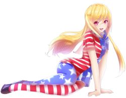 Rule 34 | 1girl, american flag dress, american flag legwear, american flag shirt, asymmetrical legwear, bad id, bad twitter id, blonde hair, clownpiece, full body, long hair, looking at viewer, no headwear, open mouth, pantyhose, patata, pink eyes, print pantyhose, shoes, short sleeves, simple background, skirt, smile, solo, touhou, uneven legwear, white background