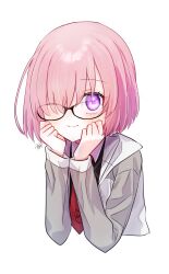 Rule 34 | 1girl, absurdres, black-framed eyewear, black shirt, blush, closed mouth, cropped torso, fate/grand order, fate (series), glasses, grey sleeves, hair over one eye, harukappa, highres, jacket, long sleeves, looking at viewer, mash kyrielight, medium hair, necktie, pink eyes, pink hair, print necktie, raglan sleeves, red necktie, shirt, signature, simple background, smile, solo, straight hair, upper body, white background, white jacket, wing collar