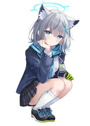 Rule 34 | 1girl, animal ear fluff, animal ears, ass, black footwear, black jacket, black skirt, blue archive, blue eyes, blue halo, blue scarf, blush, chocola vt, cross hair ornament, full body, gloves, grey hair, hair ornament, halo, highres, jacket, long sleeves, looking at viewer, medium hair, mismatched pupils, parted lips, pleated skirt, scarf, shiroko (blue archive), shoes, simple background, single glove, skirt, socks, solo, white background, white socks, wolf ears