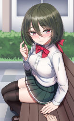 Rule 34 | 1girl, absurdres, bad id, bad twitter id, bench, black thighhighs, blurry, blurry background, blush, breasts, brown footwear, bush, buttons, closed mouth, green hair, green skirt, hair between eyes, highres, loafers, long sleeves, looking at viewer, original, outdoors, pleated skirt, red eyes, sayano (yakob labo), shirt, shoes, sitting, skirt, solo focus, thighhighs, white shirt, yakob labo