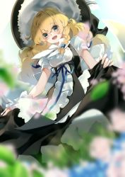 Rule 34 | 1girl, black dress, black hat, blonde hair, blue eyes, blue ribbon, blurry, blurry foreground, braid, commentary request, dress, flower, frilled dress, frills, from below, hat, highres, kirisame marisa, long hair, looking at viewer, meji aniki, open mouth, outdoors, plant, puffy short sleeves, puffy sleeves, ribbon, short sleeves, single braid, skirt hold, smile, solo, touhou, witch hat, yellow eyes