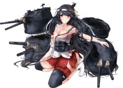 Rule 34 | 1girl, bare shoulders, black hair, breasts, broken, broken weapon, burnt, burnt clothes, cannon, cleavage, closed mouth, damaged, detached sleeves, dirty, dirty clothes, floral print, full body, fusou (kancolle), fusou kai ni (kancolle), hair down, hair ornament, hair ribbon, hair spread out, hair undone, hand on own chest, headband, japanese clothes, kantai collection, kanzashi, kimono, kneeling, long hair, looking at viewer, medium breasts, miniskirt, no shoes, nontraditional miko, off shoulder, pleated skirt, red eyes, ribbon, rigging, rikka (rikka331), skirt, solo, soot, tabi, thigh strap, torn clothes, transparent background, turret, very long hair, weapon, white ribbon, wide sleeves