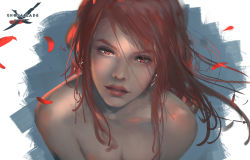 Rule 34 | 1girl, bare shoulders, earrings, female focus, ghostblade, gradient background, jewelry, looking at viewer, looking up, original, parted lips, petals, red eyes, red hair, solo, topless, topless frame, upper body, wlop