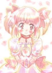 Rule 34 | 10s, 1girl, bad id, bad pixiv id, bow, choker, female focus, gloves, hair bow, izumiyamisono, kaname madoka, magical girl, mahou shoujo madoka magica, mahou shoujo madoka magica (anime), own hands clasped, own hands together, petals, pink eyes, pink hair, puffy sleeves, short twintails, solo, twintails, white background, white gloves
