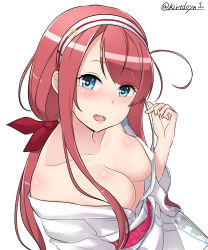 Rule 34 | 1girl, absurdres, ahoge, alternate costume, blue eyes, breasts, cleavage, commentary request, downblouse, hair ribbon, heart, heart-shaped pupils, highres, japanese clothes, kantai collection, kawakaze (kancolle), kimono, kiritto, long hair, looking at viewer, medium breasts, no bra, obi, red hair, ribbon, sash, solo, symbol-shaped pupils, twitter username, yukata