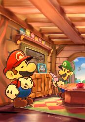 Rule 34 | 2boys, bombette, bow (paper mario), brown hair, cloud, cup, day, facial hair, gloves, goombario, green hat, hat, highres, holding, holding paper, indoors, kooper, lakilester, luigi, male focus, maribou (supermaribou), mario, mario (series), multiple boys, mustache, nintendo, one eye closed, open mouth, overalls, paper, paper mario, paper mario: the thousand year door, paper mario 64, parakarry, red hat, rug, sky, standing, sushie, table, twitter username, watt (paper mario), white gloves