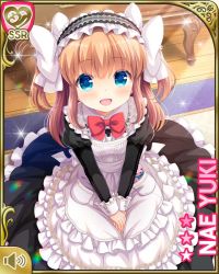 Rule 34 | 1girl, apron, black dress, blue eyes, bow, brown hair, character name, dress, girlfriend (kari), hair bow, hairband, lolita hairband, long hair, maid, maid headdress, official art, open mouth, own hands together, qp:flapper, ribbon, sitting, smile, solo, two side up, v arms, white apron, yuuki nae