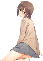 Rule 34 | 1girl, arm support, bare legs, barefoot, blush, brown eyes, brown hair, cardigan, from behind, highres, long sleeves, looking at viewer, looking back, matching hair/eyes, mikazuchi zeus, no shoes, original, pleated skirt, school uniform, short hair, simple background, sitting, skirt, sleeves past wrists, smile, solo, white background