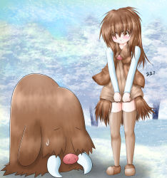 Rule 34 | 1girl, absurdres, blush, brown eyes, brown footwear, brown hair, brown thighhighs, creatures (company), day, game freak, gen 2 pokemon, hair over eyes, highres, long hair, nintendo, outdoors, personification, piloswine, pokedex number, pokemon, pokemon (creature), snowing, standing, thighhighs, very long hair, yellow-star-light