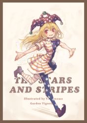 Rule 34 | 1girl, american flag dress, american flag legwear, bare arms, blonde hair, clownpiece, dress, full body, hat, jester cap, long hair, looking at viewer, neck ruff, outstretched arms, pantyhose, pointy footwear, polka dot, purple footwear, red eyes, running, shoes, short dress, short sleeves, smile, solo, star (symbol), star print, striped clothes, striped dress, striped pantyhose, touhou, yamamomo (plank)