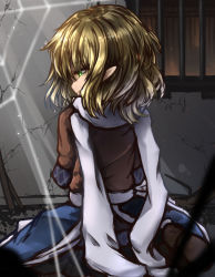 Rule 34 | 1girl, blonde hair, from behind, green eyes, highres, japanese clothes, kisa (k isa), long hair, looking back, mizuhashi parsee, pointy ears, silk, solo, spider web, touhou