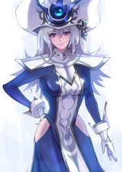 Rule 34 | 1girl, blue eyes, breasts, dress, duel monster, fullborem, gloves, grey hair, hand on own hip, hat, highres, hip vent, large breasts, long hair, looking at viewer, red eyes, silent magician, solo, staff, white gloves, wizard hat, yu-gi-oh!