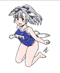 Rule 34 | 1girl, acesrulez, alternate costume, barefoot, black bow, blue one-piece swimsuit, blush, bow, commentary request, fins, fish girl, fish tail, grey eyes, grey hair, hair bow, jinmen-gyo (kemono friends), kemono friends, mask, mask on head, one-piece swimsuit, open mouth, ponytail, school swimsuit, smile, solo, swimsuit, tail, translation request