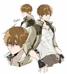 Rule 34 | 1boy, brown eyes, brown hair, brown jacket, brown pants, closed mouth, collarbone, h haluhalu415, jacket, looking at viewer, luke pearce (tears of themis), male focus, multiple views, open clothes, open jacket, pants, parted lips, shirt, short hair, simple background, sleeves past elbows, tears of themis, white background, white shirt