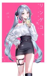 Rule 34 | 1girl, absurdres, alternate costume, bendy straw, black skirt, casual, contemporary, dangle earrings, drink, drinking, drinking straw, drinking straw in mouth, drop earrings, earrings, elf, frieren, green eyes, highres, jewelry, long hair, long sleeves, looking at viewer, parted bangs, pointy ears, ringeko-chan, shirt, skirt, solo, sousou no frieren, twintails, white hair, white shirt