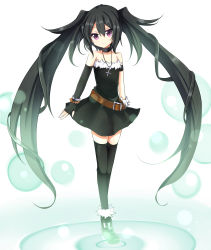 Rule 34 | 1girl, absurdres, amano kouki, belt, black hair, black thighhighs, bubble, choker, cross, fingerless gloves, flat chest, gloves, highres, long hair, looking at viewer, note-chan, original, purple eyes, simple background, smile, solo, thighhighs, twintails, very long hair, white background