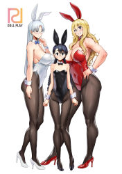 Rule 34 | 3girls, absurdres, animal ears, armpit peek, ass, bare shoulders, black bow, black bowtie, black hair, black hairband, black legwear, black leotard, blonde hair, blue bow, blue bowtie, blush, bow, bowtie, breasts, cleavage, commentary request, contrapposto, covered navel, detached collar, english text, fake animal ears, flat chest, from side, frown, full body, glasses, grin, hairband, hand on own hip, high heels, highleg, highleg leotard, highres, knees together feet apart, kurosu gatari, large breasts, leotard, long hair, looking at viewer, multiple girls, muscular, muscular female, original, pantyhose, parted bangs, petite, playboy bunny, rabbit ears, red bow, red bowtie, red hairband, red leotard, ribs, round eyewear, sagging breasts, sideboob, sidelocks, simple background, smile, standing, straight hair, strapless, strapless leotard, thick thighs, thigh gap, thighs, toned, traditional bowtie, twintails, very long hair, wavy hair, white background, white footwear, white hair, white hairband, white leotard, wing collar, wrist cuffs