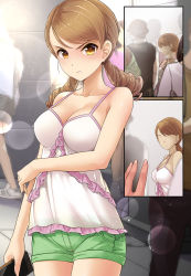 Rule 34 | 1girl, angry, blush, breasts, brown eyes, brown hair, cellphone, cleavage, comic, commentary request, dress, drill hair, faceless, highres, hojo karen, idolmaster, idolmaster cinderella girls, long hair, looking at viewer, mk (mod0), phone, short shorts, shorts, silent comic, smartphone, solo focus, twin drills, twintails