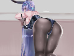 Rule 34 | 1girl, animal ears, artist name, ass, azur lane, bare shoulders, black pantyhose, blue eyes, blue hair, bodystocking, breasts, fake animal ears, large breasts, leaning forward, leotard, long hair, looking at viewer, new jersey (azur lane), new jersey (exhilarating steps!) (azur lane), official alternate costume, pantyhose, paundo2, playboy bunny, rabbit ears, solo, very long hair