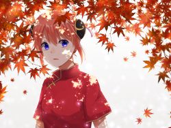 Rule 34 | 1girl, autumn leaves, blue eyes, brown hair, china dress, chinese clothes, double bun, dress, gintama, hair between eyes, highres, kagura (gintama), leaf, looking at viewer, maple leaf, open mouth, red dress, short hair, short sleeves, solo, upper body, white background, yayoi (chepiiii23)