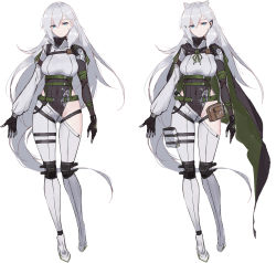 Rule 34 | 1girl, arms at sides, belt, black gloves, black leotard, blue eyes, braid, breasts, cape, closed mouth, covered navel, french braid, girls&#039; frontline, gloves, gluteal fold, green ribbon, grey hair, grey pants, hair between eyes, head tilt, highleg, highleg leotard, highres, knee pads, ksvk (girls&#039; frontline), large breasts, leotard, long hair, looking at viewer, mole, mole on pussy, multiple views, neck ribbon, pandea work, pants, pouch, ribbed leotard, ribbon, simple background, very long hair, white background