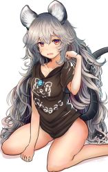Rule 34 | 1girl, alternate costume, alternate hair length, alternate hairstyle, animal ears, bare legs, black shirt, blush, breasts, clothes writing, collarbone, commentary request, dated, feet out of frame, grey hair, hair between eyes, hand up, highres, houdukixx, jewelry, long hair, looking at viewer, medium breasts, mouse ears, mouse tail, naked shirt, nazrin, open mouth, pendant, red eyes, shadow, shirt, signature, simple background, solo, t-shirt, tail, thighs, touhou, translation request, very long hair, wavy hair, white background