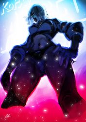 Rule 34 | 1girl, abs, angel (kof), blue eyes, breasts, chaps, cropped jacket, fingerless gloves, from below, gloves, hair over one eye, hand on own hip, highres, jacket, large breasts, leather, leather jacket, lights, looking at viewer, looking down, navel, revealing clothes, rog rockbe, short hair, smoke, snk, solo, stage lights, standing, the king of fighters, the king of fighters xiv, the king of fighters xv, toned, underwear, white hair, wrestling, wrestling ring