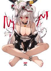 Rule 34 | 1girl, 2021, absurdres, aer7o, bell, between legs, bikini, black bikini, black collar, black kimono, blush, breasts, cleavage, closed mouth, collar, commentary request, copyright request, cow skull, cow tail, feet, flower, full body, hair between eyes, hair flower, hair ornament, halterneck, hand between legs, happy new year, highres, indian style, japanese clothes, kimono, kimono pull, long hair, long sleeves, looking at viewer, medium breasts, nail polish, neck bell, new year, off shoulder, one side up, pink nails, red eyes, red flower, red ribbon, ribbon, short kimono, sitting, skull on head, smile, solo, string bikini, swimsuit, tail, toenail polish, toenails, very long hair, white flower, white hair