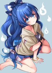 Rule 34 | 1girl, ?, arm support, barefoot, blue eyes, blue hair, blue skirt, bow, bracelet, collarbone, from above, hair bow, highres, hitodama, hood, hoodie, jewelry, long hair, looking at viewer, meimei (meimei89008309), simple background, skirt, stuffed animal, stuffed toy, toes, touhou, yorigami shion