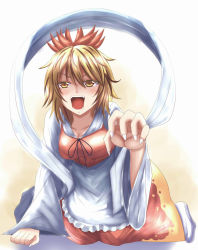 Rule 34 | 1girl, all fours, apron, bad id, bad pixiv id, blonde hair, brown hair, claw pose, hair ornament, highres, long sleeves, looking at viewer, multicolored hair, open mouth, paw pose, shawl, shirt, skirt, solo, streaked hair, toramaru shou, touhou, waist apron, wendell, yellow eyes