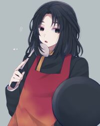 Rule 34 | 1boy, :o, apron, black eyes, black hair, black shirt, bono (bonota ), frying pan, grey background, hand up, heart, holding, holding ladle, kimi ga shine, ladle, long hair, long sleeves, looking at viewer, male focus, motion lines, parted bangs, red apron, satou kai, shirt, simple background, solo, upper body