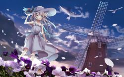 Rule 34 | 1girl, bad id, bad pixiv id, bird, bow, cloud, collarbone, dove, dress, field, flower, flower field, green eyes, hat, holding, holding clothes, holding hat, knees, looking at viewer, mashima saki (mashimasa), open mouth, original, petals, silver hair, sky, sleeveless, solo, sun hat, white dress, white hat, wind, windmill, window