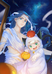 Rule 34 | 2boys, apple on head, blue eyes, blue hair, blush, ghost costume, glowing, green eyes, halloween bucket, luo xiaohei, luo xiaohei (human), luo xiaohei zhanji, multiple boys, mummy costume, night, night sky, open mouth, sky, smile, star (sky), starry sky, white hair, wuxian (the legend of luoxiaohei), yanrumo