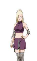 Rule 34 | 1girl, bare shoulders, belly, blonde hair, blue eyes, breasts, crop top, earrings, hair ornament, hair over one eye, hairclip, hand on own hip, jewelry, legs, long hair, looking at viewer, midriff, naruto (series), naruto shippuuden, navel, official art, shirt, skirt, sleeveless, sleeveless shirt, smile, thighhighs, yamanaka ino, zettai ryouiki