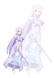 Rule 34 | 1girl, bare shoulders, barefoot, detached sleeves, dress, feet, hair over crotch, highres, holding, holding sword, holding weapon, long hair, long skirt, looking at viewer, no shoes, open mouth, peri (qq2748089832), purple dress, purple eyes, purple hair, quinella, skirt, sword, sword art online, sword art online: alicization, very long hair, weapon