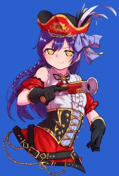 Rule 34 | 1girl, bare shoulders, black gloves, blue background, blue hair, blush, braid, commentary request, flower, gloves, goe (g-o-e), gun, hair between eyes, hat, highres, holding, holding gun, holding weapon, long hair, looking at viewer, love live!, love live! school idol festival, love live! school idol project, pirate costume, pirate hat, ribbon, simple background, sleeveless, smile, solo, sonoda umi, trigger discipline, upper body, weapon, yellow eyes