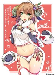 Rule 34 | 10s, 1girl, 2015, animal ears, bad id, bad twitter id, bell, blush, bow, bow panties, breast suppress, breasts, brown hair, chinese zodiac, cowbell, cowboy shot, elbow gloves, flower, gloves, green eyes, hair flower, hair ornament, horns, horosuke, large breasts, new year, no pants, open mouth, original, panties, sheep, sheep ears, sheep horns, short hair, sleeveless, solo, thighhighs, translation request, twitter username, underwear, white panties, white thighhighs, year of the goat