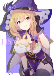 Rule 34 | 1girl, absurdres, akovo, belt, black gloves, black legwear, blonde hair, breasts, brooch, cape, character name, cleavage, earrings, flower, genshin impact, gloves, green eyes, hand up, hat, hat belt, hat flower, highres, jewelry, large breasts, lisa (genshin impact), looking at viewer, smile, solo, witch hat